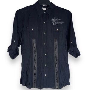 Harley Davidson Collar 3/4 Sleeve Graphic Blouse Size Medium